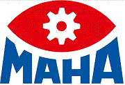 MAHA Sininen ja punainen logo, jonka keskellä on valkoinen hammaspyörä. Yrityksen nimi "MAHA" on kirjoitettu valkoisella hammaspyörän yläpuolelle.