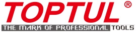 TopTul TOPTUL-logo, jossa on tyylitelty, punainen teksti ja iskulause ‘THE MARK OF PROFESSIONAL TOOLS’ valkoisella värimaailmalla