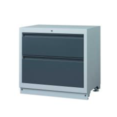 Harmaa Optitec alakaappi, jossa on kaksi tummansinistä laatikkoa metallisella runkokehyksellä.