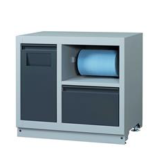 Harmaa Optitec yleismoduuli, jossa on musta laatikko, hylly paperirullalle ja pyörillä varustettu alusta.