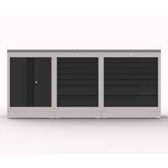 Harmaa-musta Optitec EX-8 RST -kalustekokonaisuus. Sisältää laatikoita, kaappeja ja työtason ruostumattomasta teräksestä.