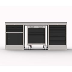 Optitec WM-8 RST kalustekokonaisuus, jossa on ruostumaton teräs työtaso, liikuteltava työkaluvaunu ja säilytyskaapit.