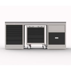 Optitec WM-9 RST kalustekokonaisuus, jossa on ruostumaton teräs työtaso, liikuteltava työkaluvaunu ja säilytyskaapit.