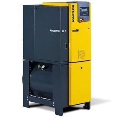 Keltainen ja harmaa Kaeser Aircenter SX 4 -paineilmakompressori kuivaimella ja säiliöllä.
