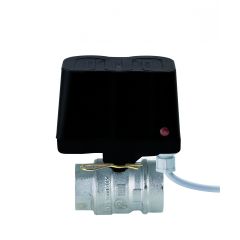 Moottoroitu palloventtiili mustalla toimilaitteella ja ruostumattomasta teräksestä valmistetulla rungolla.